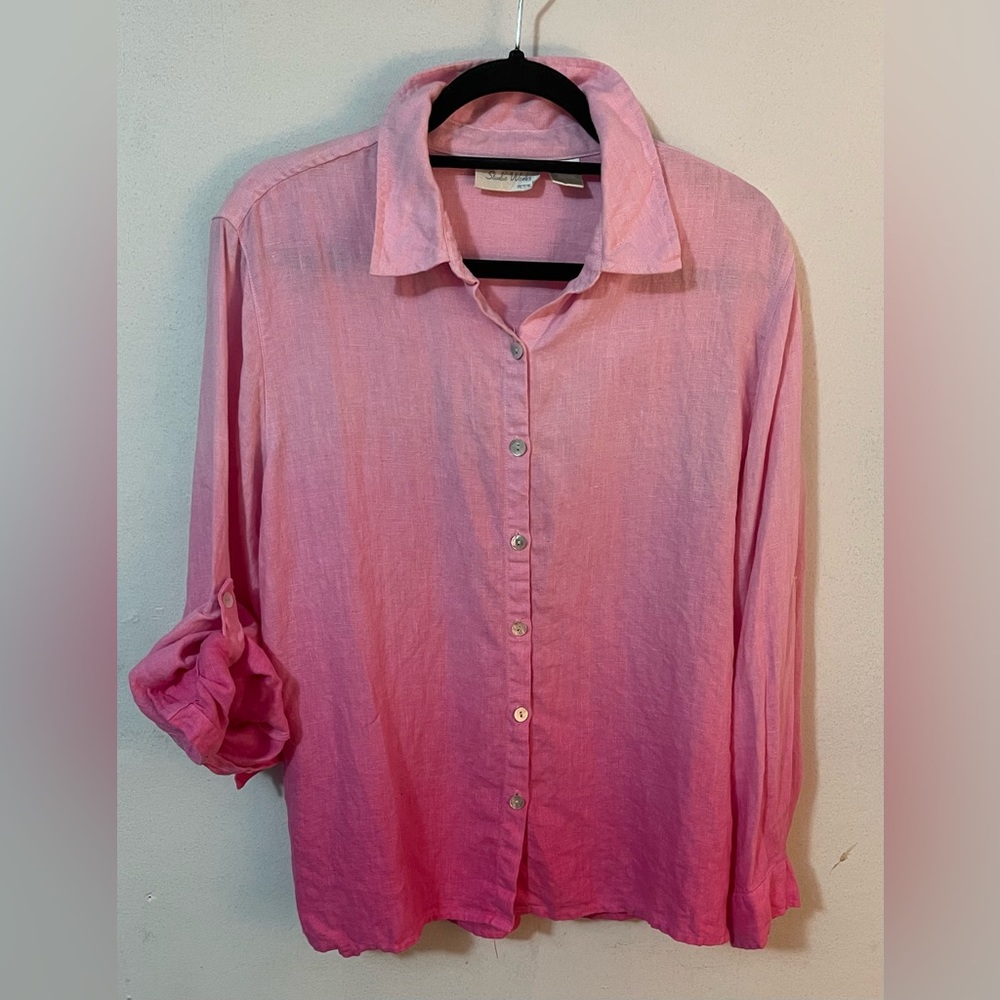 STUDIO WORKS Pink Ombré Linen Shirt Sz PETITE LARGE